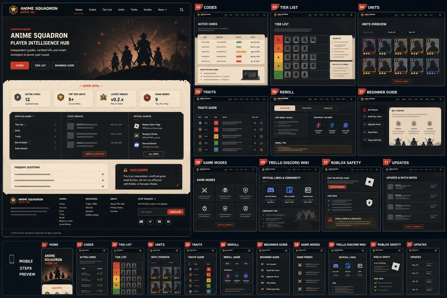 Original UI planning mockup for the Anime Squadron guide site
